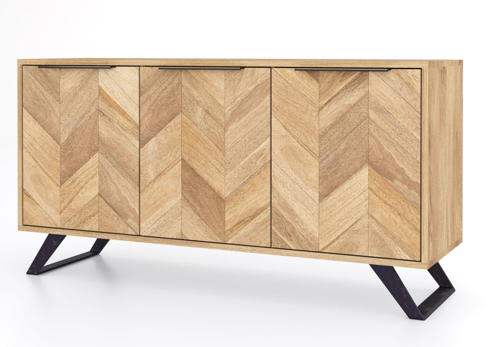'Oakwood Living' Agra Industrial Style Large 3 Door Sideboard Cabinet Mango Parquet Metal Legs