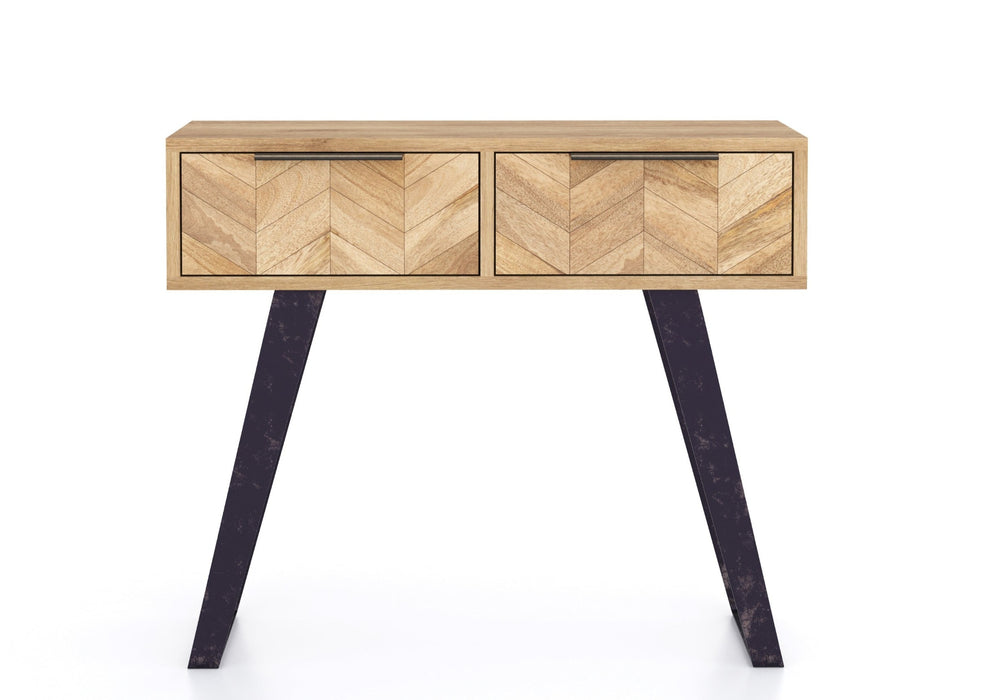 'Oakwood Living' Agra Industrial Style 2 Drawer Console Table Mango Parquet Metal Legs