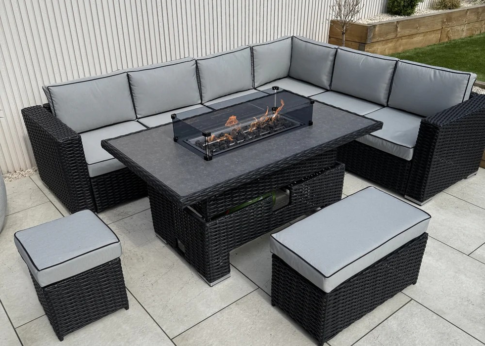 ‘Buckingham’ Large Black Outdoor Rattan Corner Sofa Dining Set with Rising Firepit Dining Table