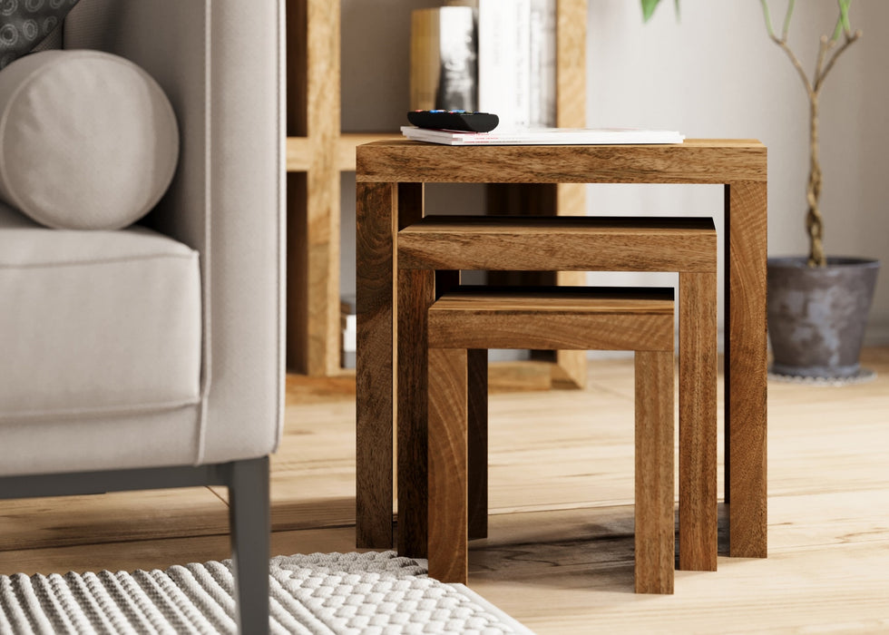 Cube Modern Solid Mango Wood Nest Of 3 Side Tables
