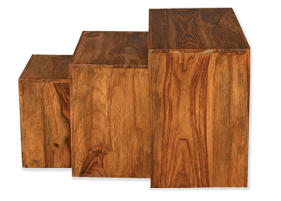 Cube Modern Solid Sheesham Wood Nest Of 3 Side Tables