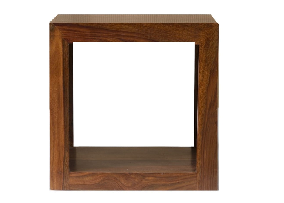Cube Modern Solid Sheesham Wood Side Lamp Table Storage Unit