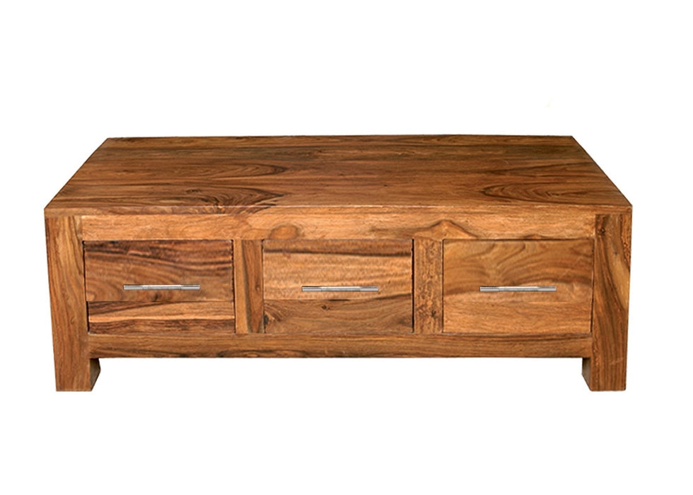 Cube Modern Solid Sheesham Wood 3 Drawer Coffee Table