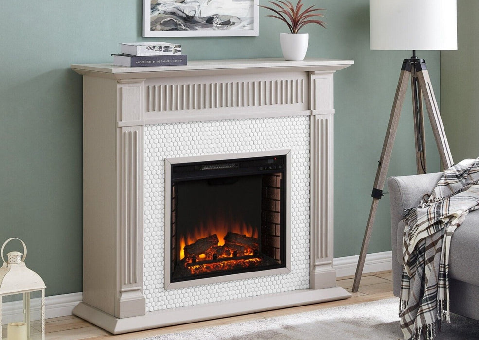 Chessing Penny-Tiled Electric Fireplace Suite Ceramic Tile Surround & Fire