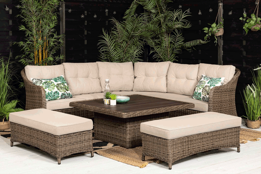 'Hazel' Outdoor Garden Corner 9 Seater Dining Set In Brown with Rising Table