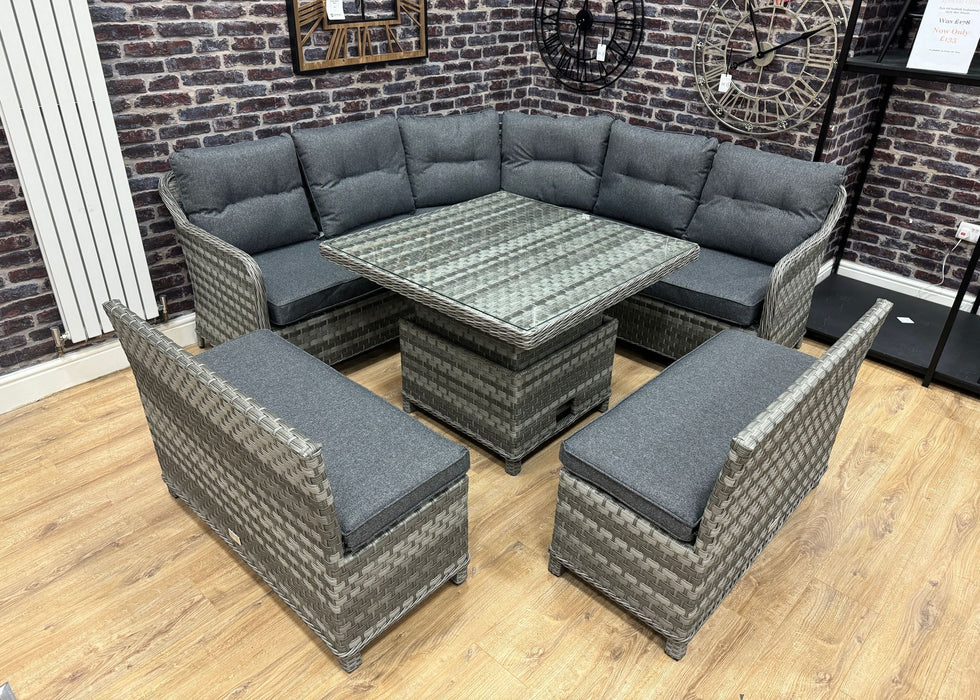 'Hawaii' Curved Corner Sofa Rattan Set with Rising up/ down Dining Table