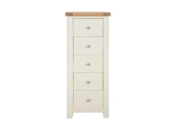 'Oakwood Living' Ivory Painted Oak 5 Drawer Tallboy / Chest of Drawers