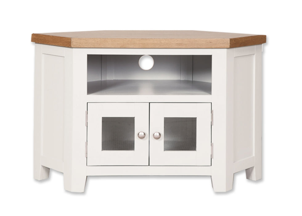 'Oakwood' Living White Painted Oak Glazed Corner TV Cabinet