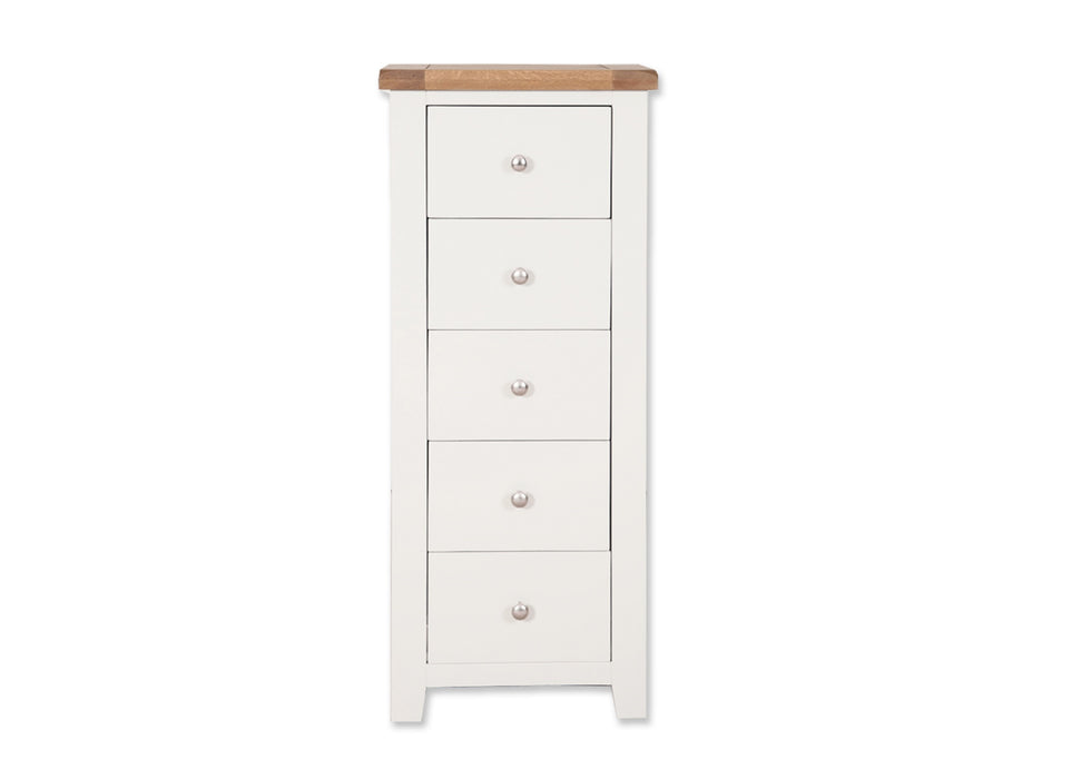 'Oakwood Living' White Painted Oak 5 Drawer Tallboy / Chest of Drawers