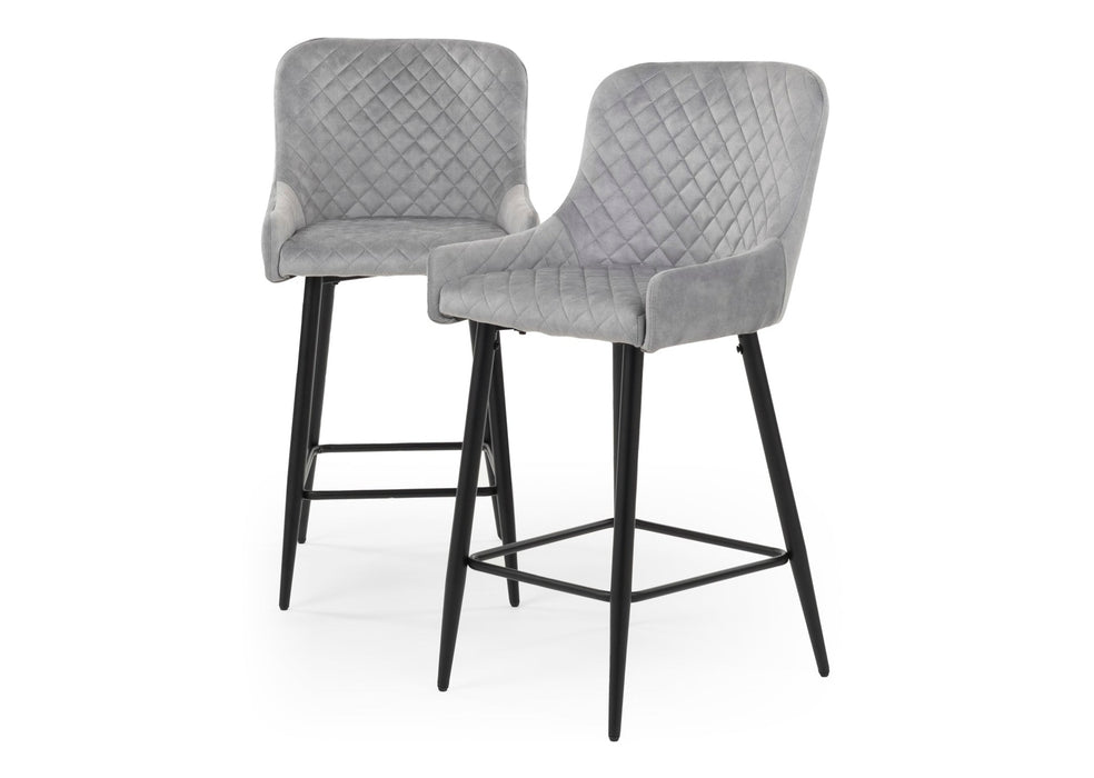 Modern Style Shoreditch Kitchen Breakfast Bar Stools Silver Grey Velvet, Black Metal Leg