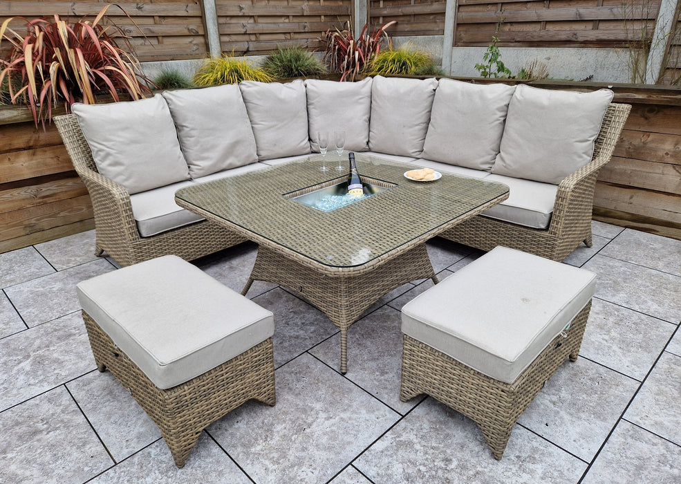 'Sorrento' Large Corner Rattan Dining Set In Natural With Beige Cushions & Ice Bucket Table