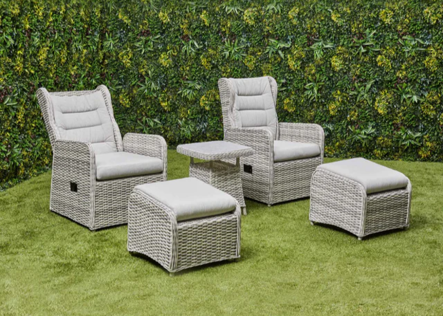 'Santorini’ 2 Seater Grey Rattan Aluminum Reclining Armchair Set with Side Table
