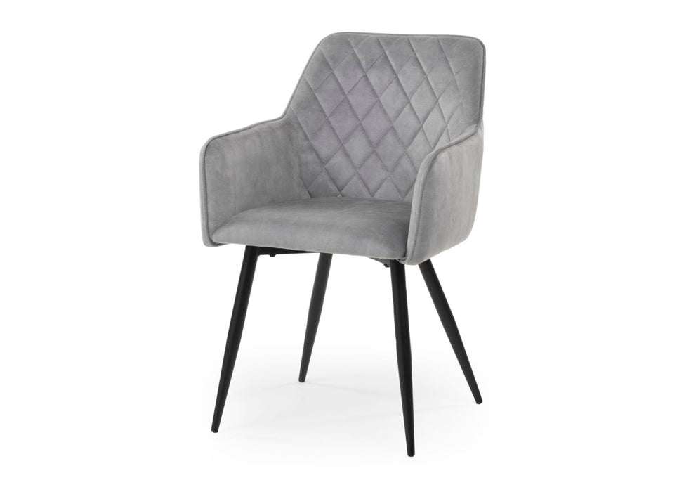 Modern Style Camden Light Grey Silver Velvet Dining Chairs, Black Metal Leg