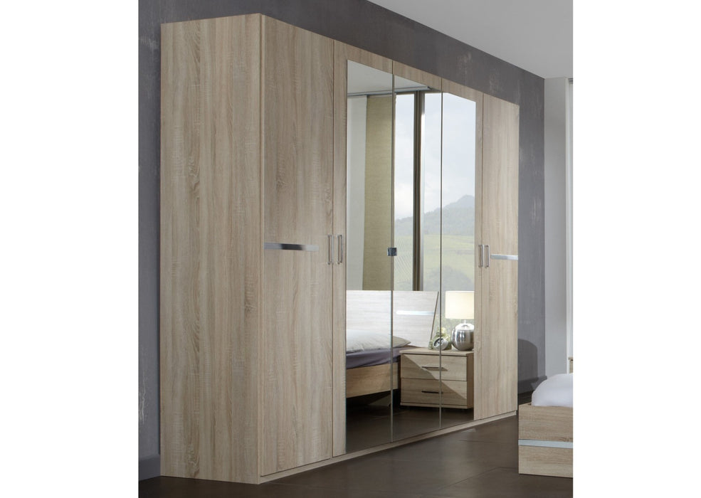 SlumberHaus 'Anna' 225cm German Made Modern Oak & Mirror 5 Door Wardrobe