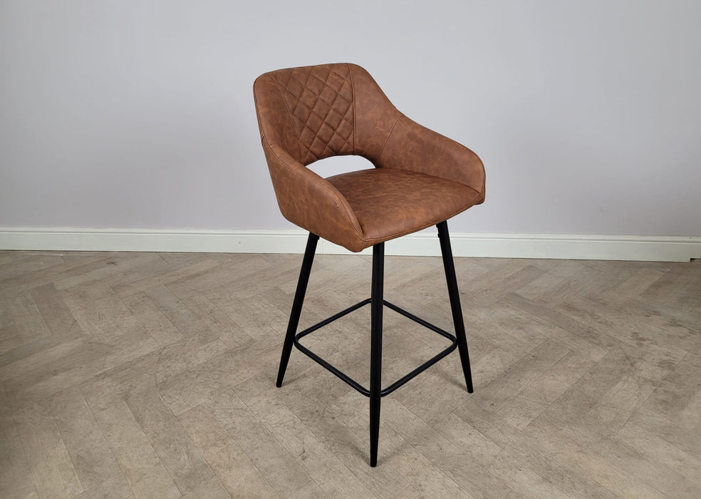 Suffolk Industrial style Tan Brown PU Leather Kitchen Breakfast Bar Stool, Black Metal Leg