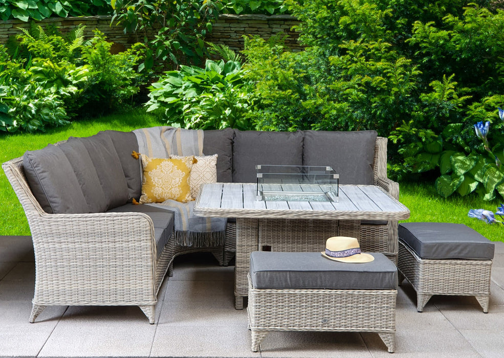 'Maldives' Large Rattan Corner Sofa Set With Fire Pit Table Cream Grey Rattan