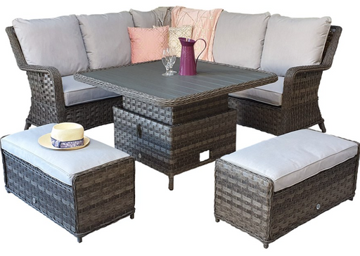 garden rattan furniture with slatted up/down table dark grey 