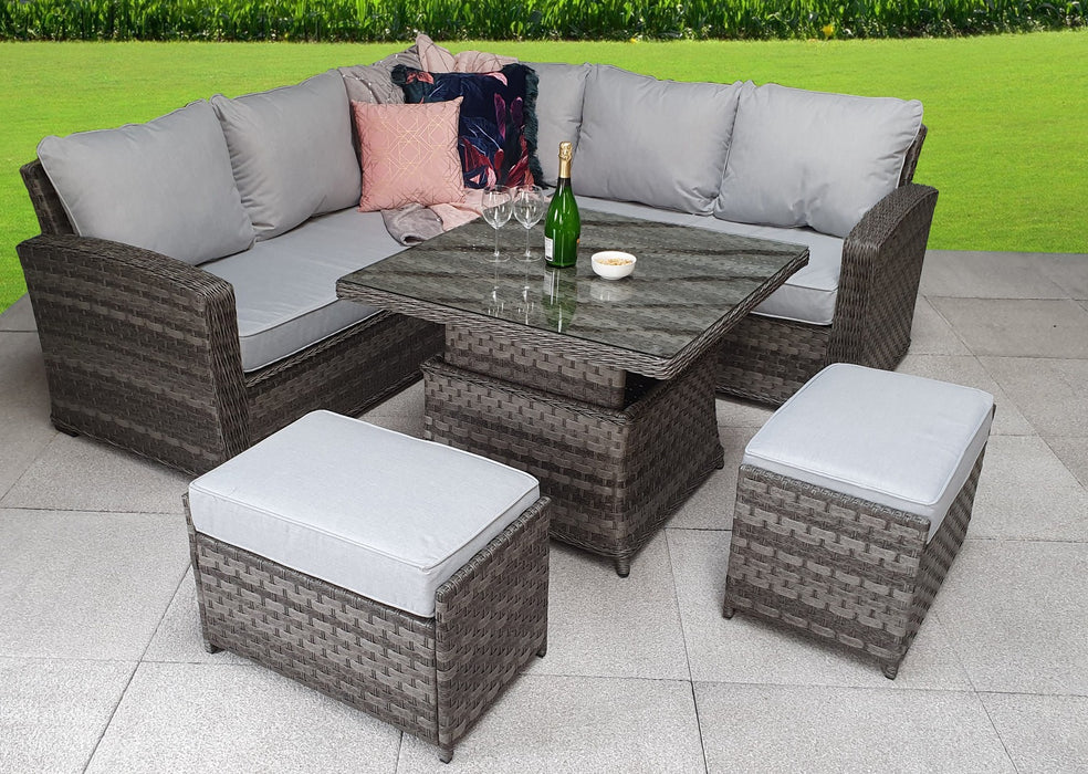 'Algarve' Square Dark Grey Rattan Corner Sofa Set With Adjustable Rising Table