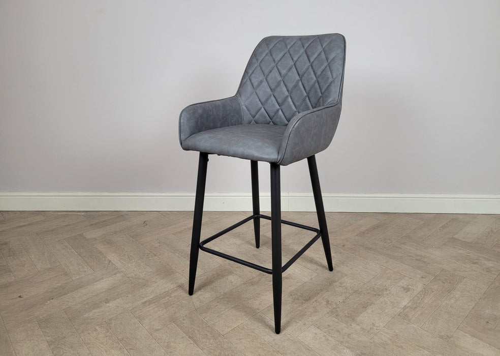 Camden Industrial style Kitchen Breakfast Bar Stool Grey PU Leather, Black Metal Leg