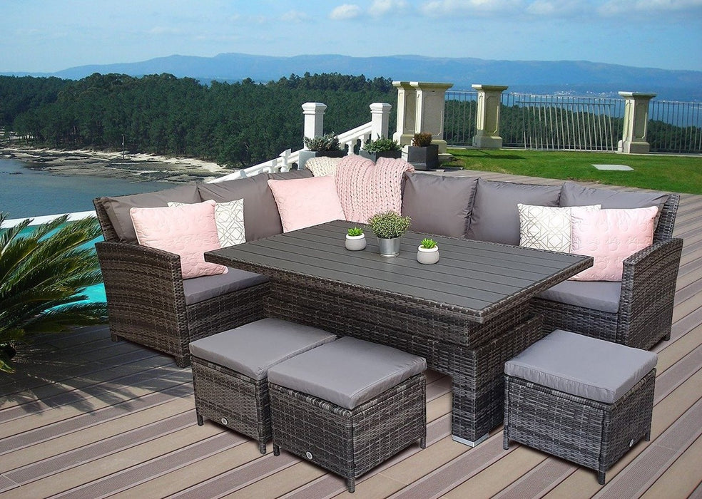 Char0309 Charllote Grey Rattan COrner Sofa with adjustable height rising dining table and stools