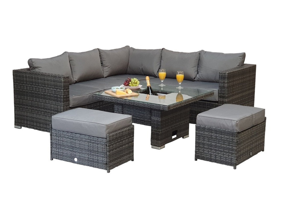 Gozo Grey Rattan Corner Sofa Adjustable Dining Table Set. Aluminum Frame Garden Furniture