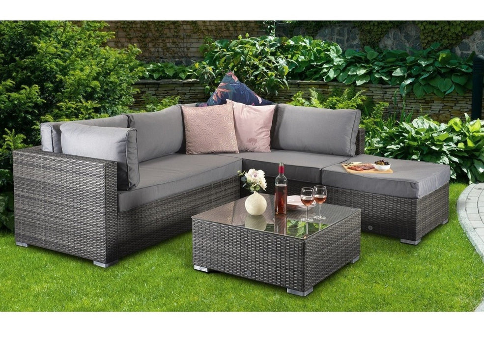 Gozo Georgia Signature Weave Grey Rattan Garden Furniture Lounge Set, Chaise Corner Sofa Coffee Table Aluminium