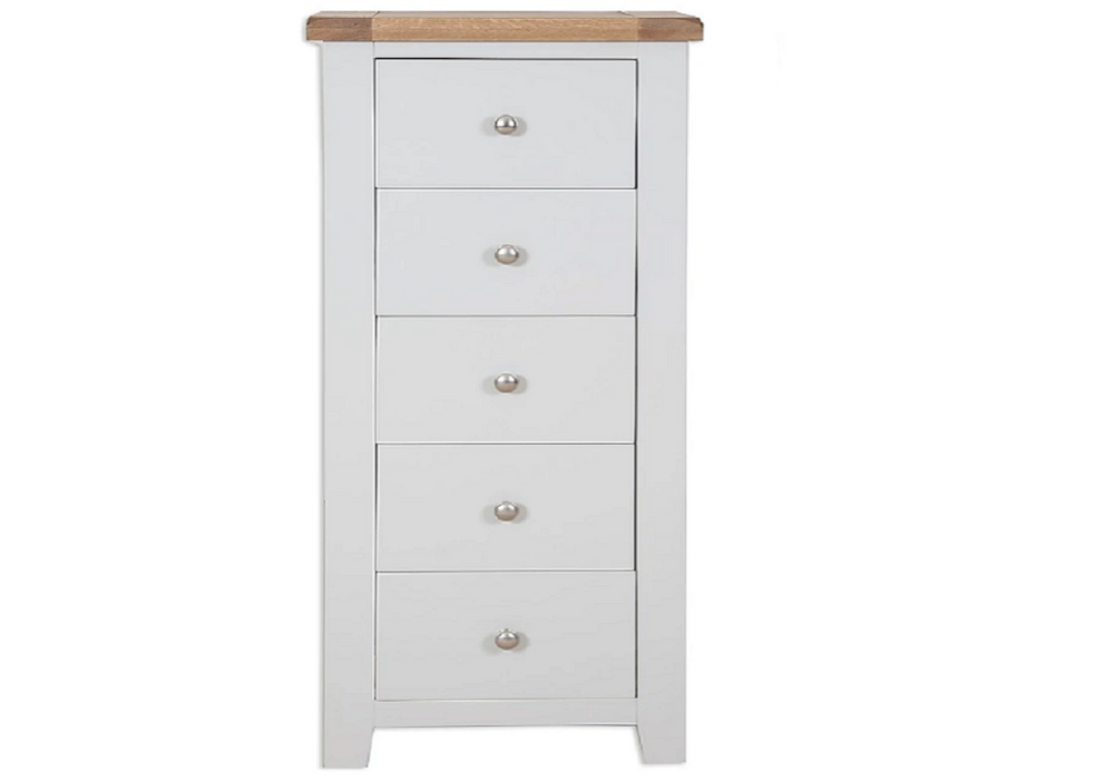 'Oakwood Living' Grey Painted Oak 5 Drawer Tallboy / Chest of Drawers