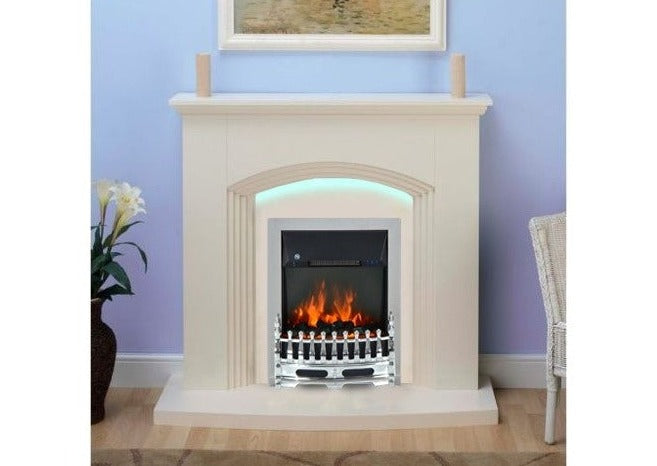 Modern Cream Flat Wall 2KW Electric Fire Surround Set Complete Fireplace with LED Light- With Chrome Fire