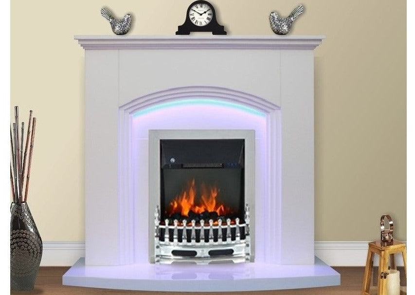 White Flat Wall 2KW Electric Fire Surround Set Complete Fireplace with LED Light- With Chrome Fire