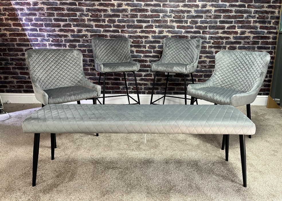 Pair of 'Eve' Kitchen Breakfast Bar Stool Light Grey Velvet, Black Metal Leg