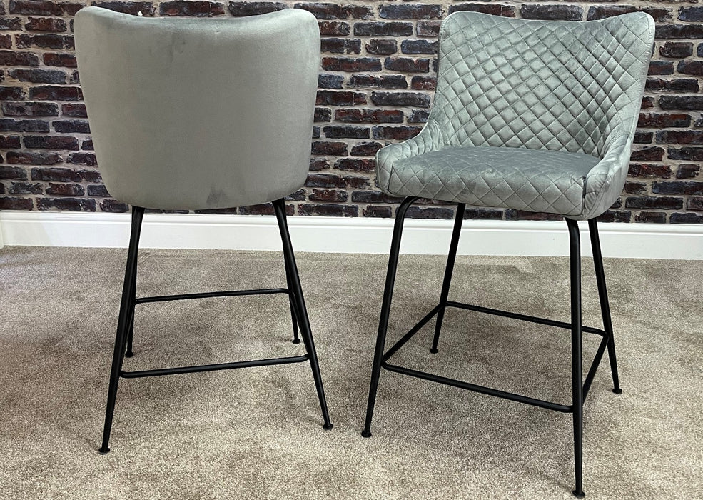 Pair of 'Eve' Kitchen Breakfast Bar Stool Light Grey Velvet, Black Metal Leg