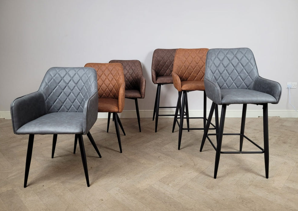 Camden Industrial style Kitchen Breakfast Bar Stool Grey PU Leather, Black Metal Leg