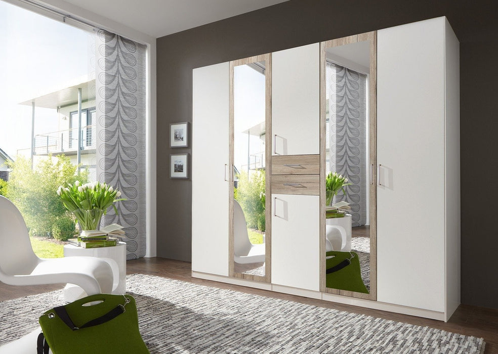 SlumberHaus Diver Modern White, Oak and Mirror 225cm Wardrobe with Drawers