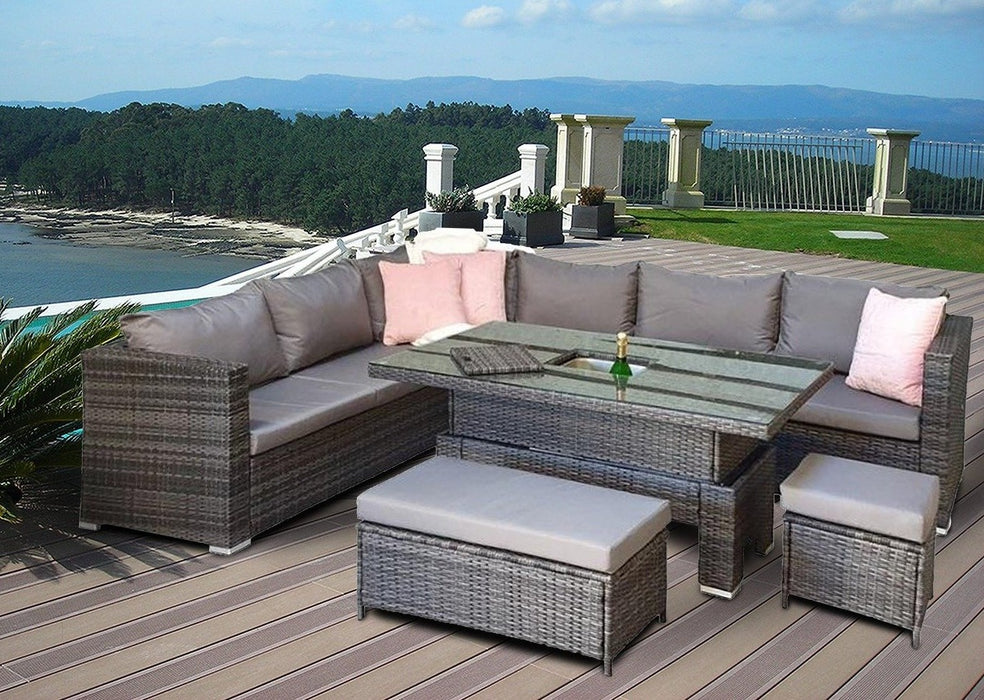 Charlotte Grey Rattan Corner Sofa Garden Furniture Adjustable Dining Table Set