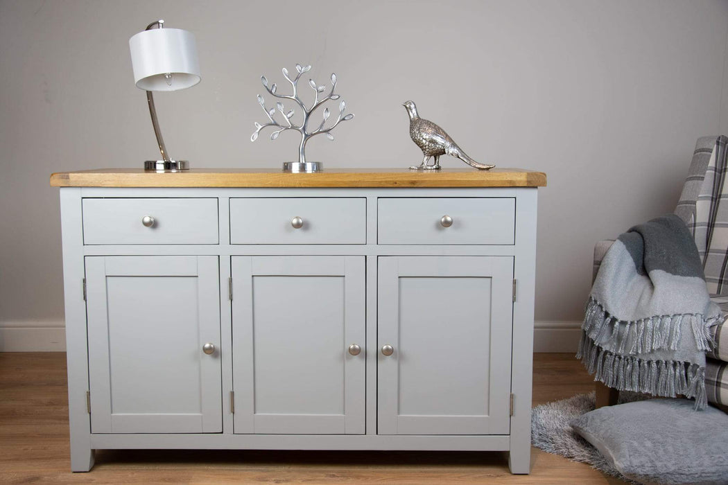 solid oak grey painted 3 door sideboard unit draw living room cabinet storage furniture