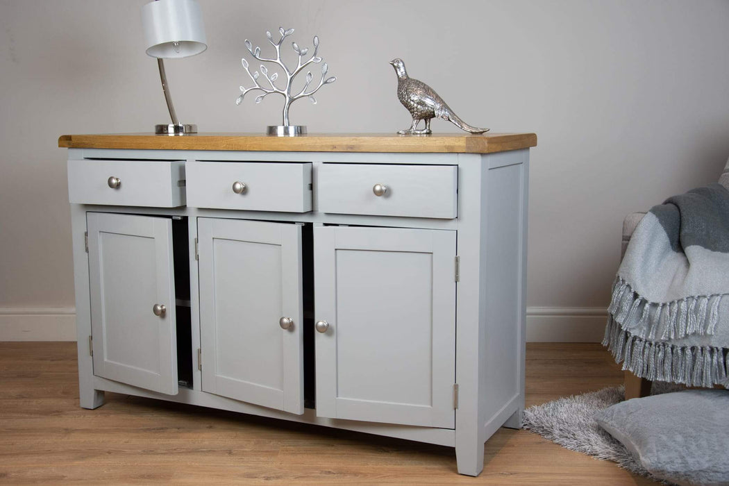 solid oak grey painted 3 door sideboard unit draw living room cabinet storage furniture