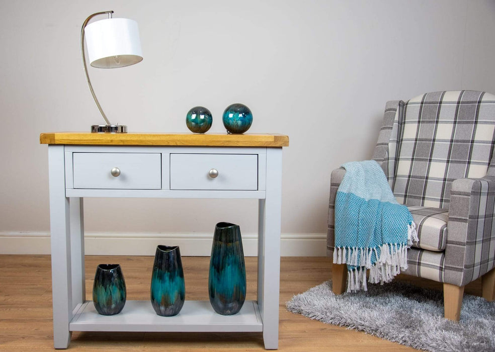 solid oak grey painted 2 draw console table hallway living room cabinet storage furniture