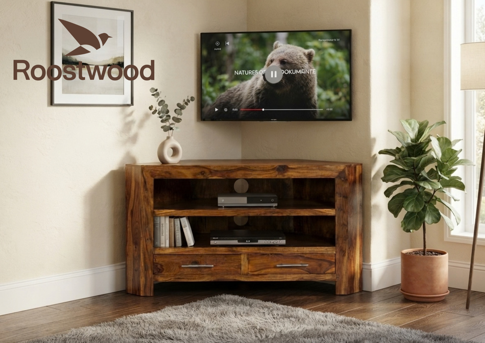 Roostwood 'Geo' Modern Solid Sheesham Wood Corner TV Unit