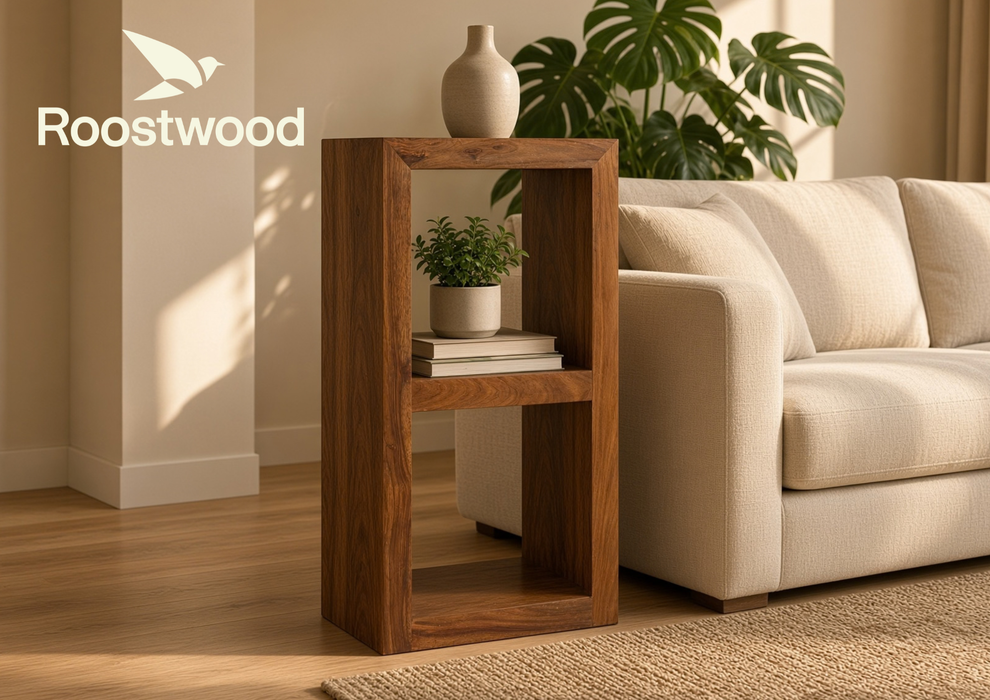 Roostwood 'Geo' Modern Solid Sheesham Wood Side 2 Shelf Storage Unit