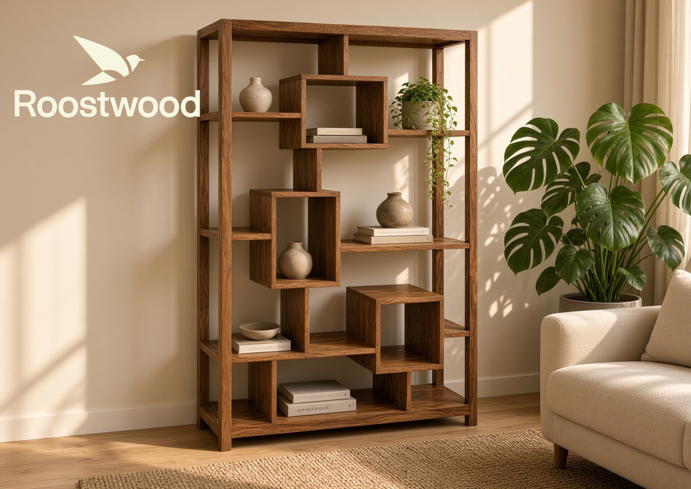 Roostwood 'Geo' Modern Solid Sheesham Wood Large Bookcase Storage Unit