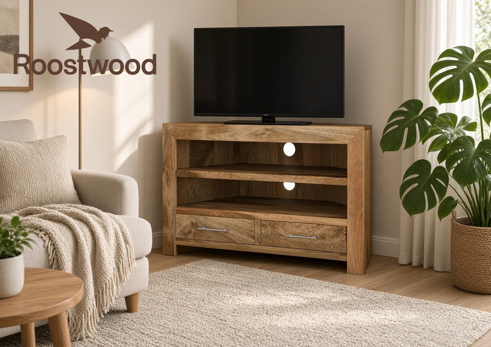 Roostwood 'Geo' Modern Solid Mango Wood Corner TV Unit