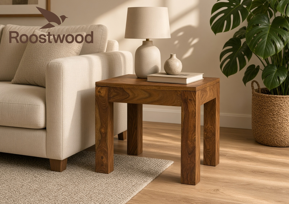 Roostwood 'Geo' Modern Solid Sheesham Wood Lamp / Side Table