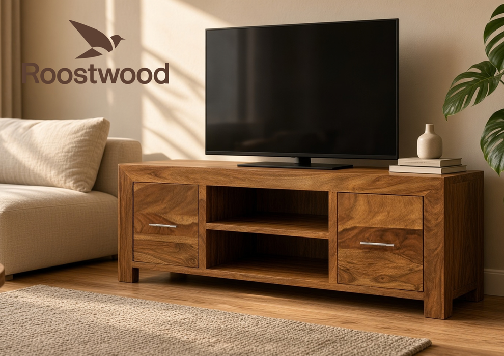 Roostwood 'Geo' Modern Solid Sheesham Wood Large Plasma TV Unit Cabinet