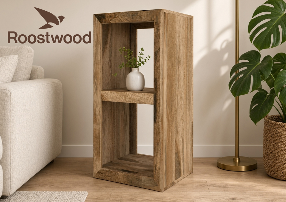 Roostwood 'Geo' Modern Solid Mango Wood Side 2 Shelf Storage Unit