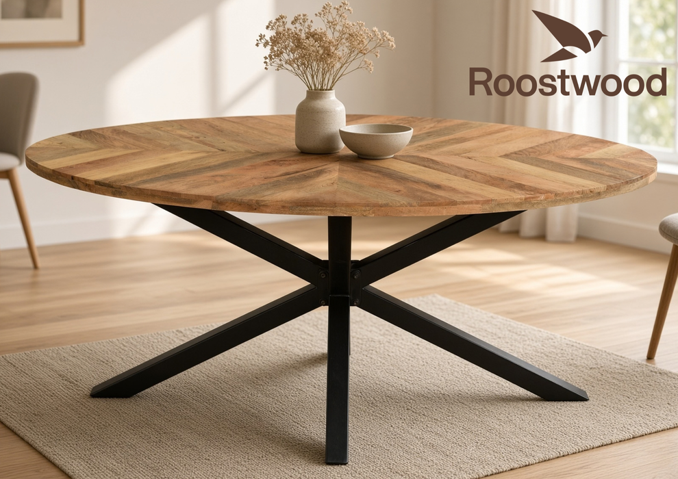Roostwood ‘Geo’ Industrial 180cm Oval Table Solid Mango Wood Black Star Metal Legs