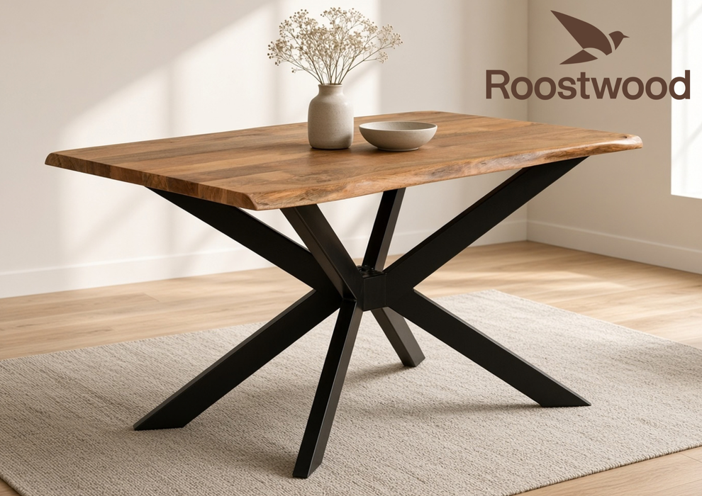 Roostwood 'Geo' Live Edge Industrial 135cm Table Solid Mango Wood Black Star Metal Legs
