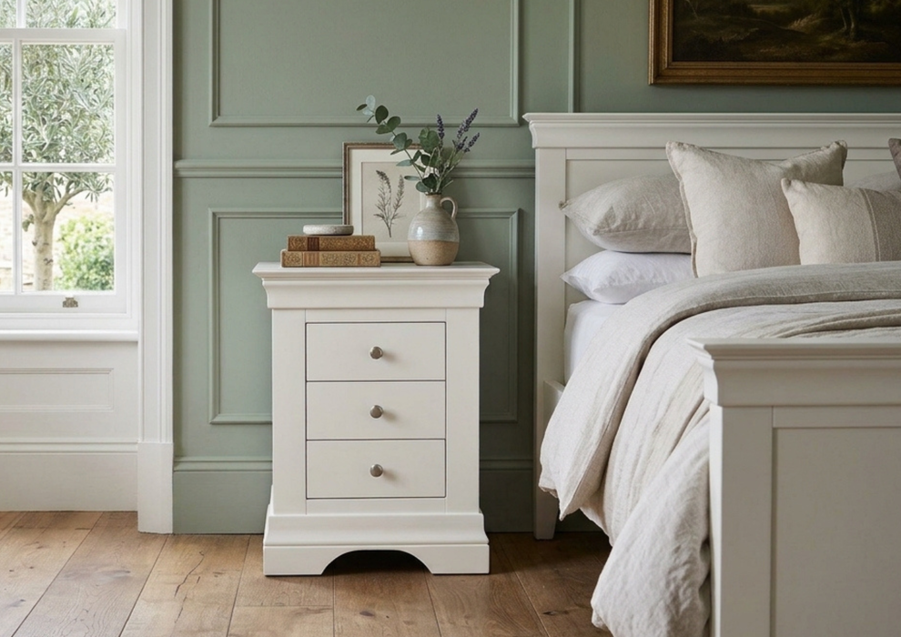 Bordeaux Ivory Painted 3 Drawer Bedside Chest of Drawers