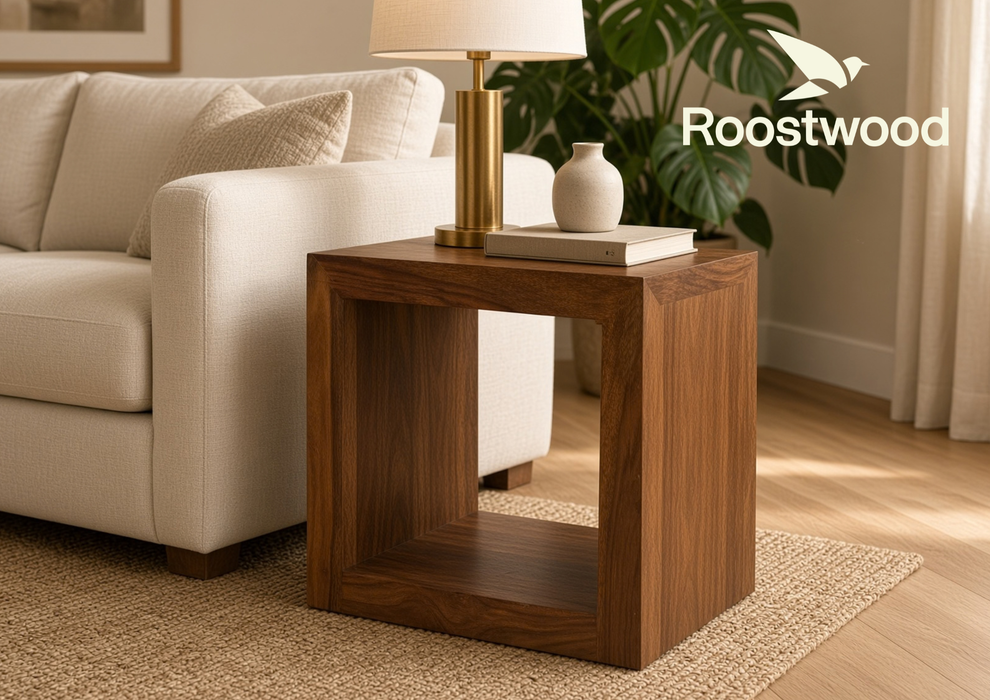 Roostwood 'Geo' Modern Solid Sheesham Wood Side Lamp Table Storage Unit