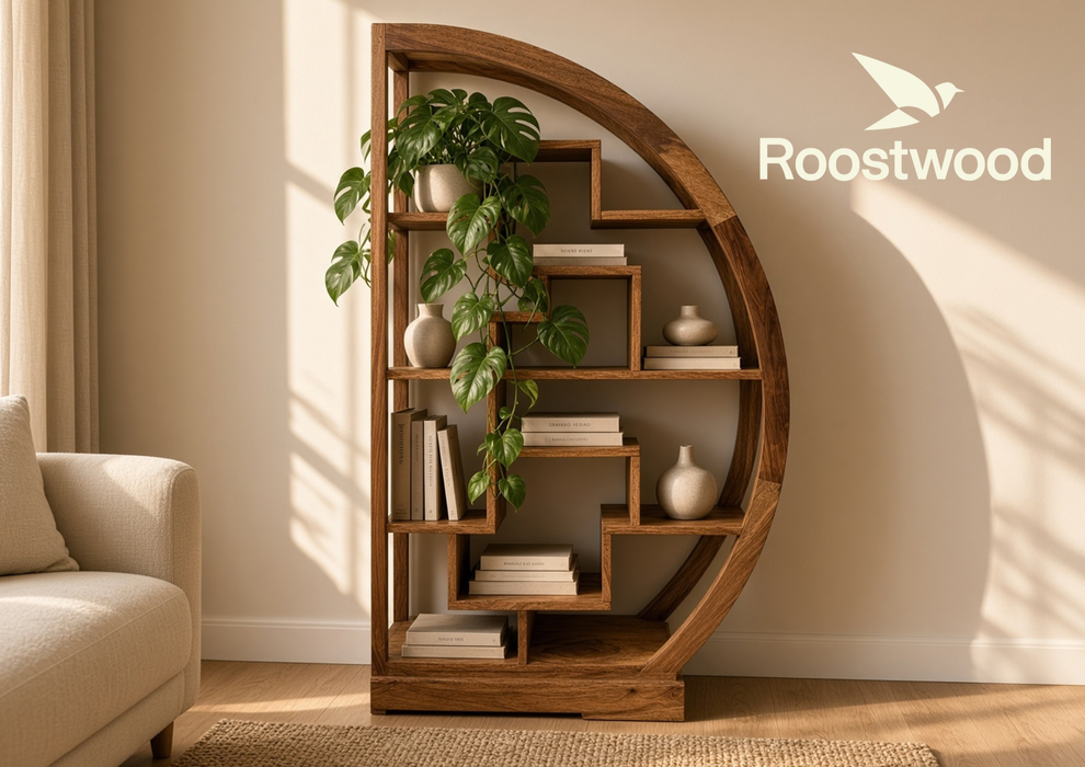 Roostwood 'Geo' Modern Solid Sheesham Wood Large Bookcase Display Cabinet
