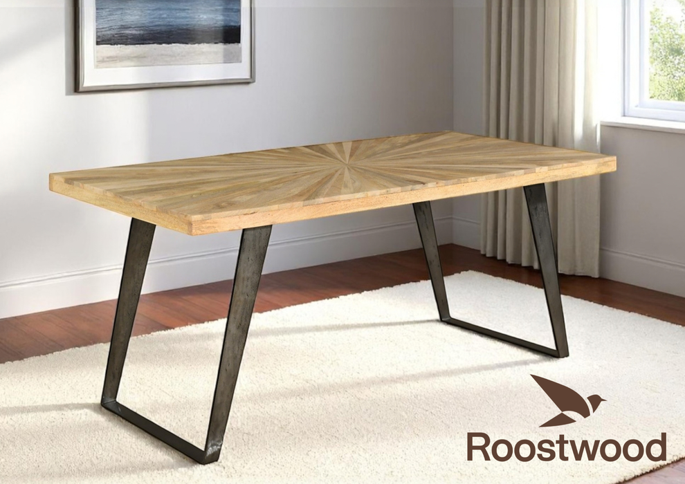 Roostwood 'Nova' Industrial Style 1.75m Large Dining Table Light Mango Wood with Metal Legs
